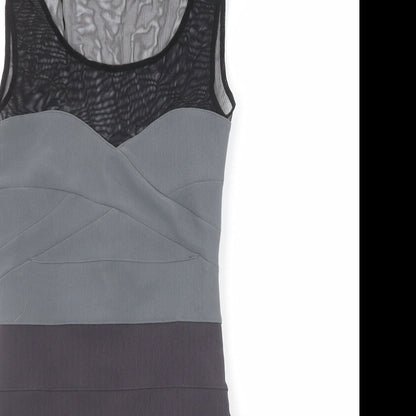 Close-up detail of Miss Selfridge women’s grey colourblock polyester bodycon, size UK 12, round neck pullover