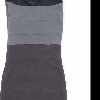 Brand and care label for Miss Selfridge women’s grey colourblock polyester bodycon, size UK 12, round neck pullover