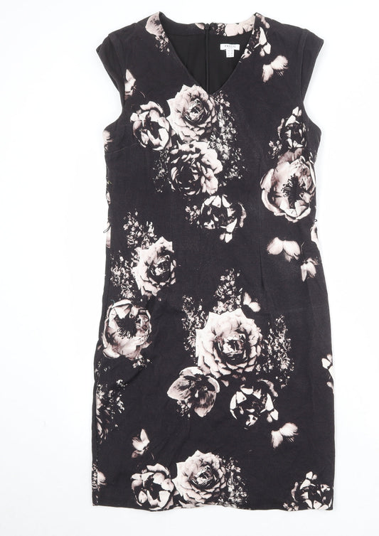 Precis Womens Black Floral Viscose Shift Size 14 V-Neck Zip