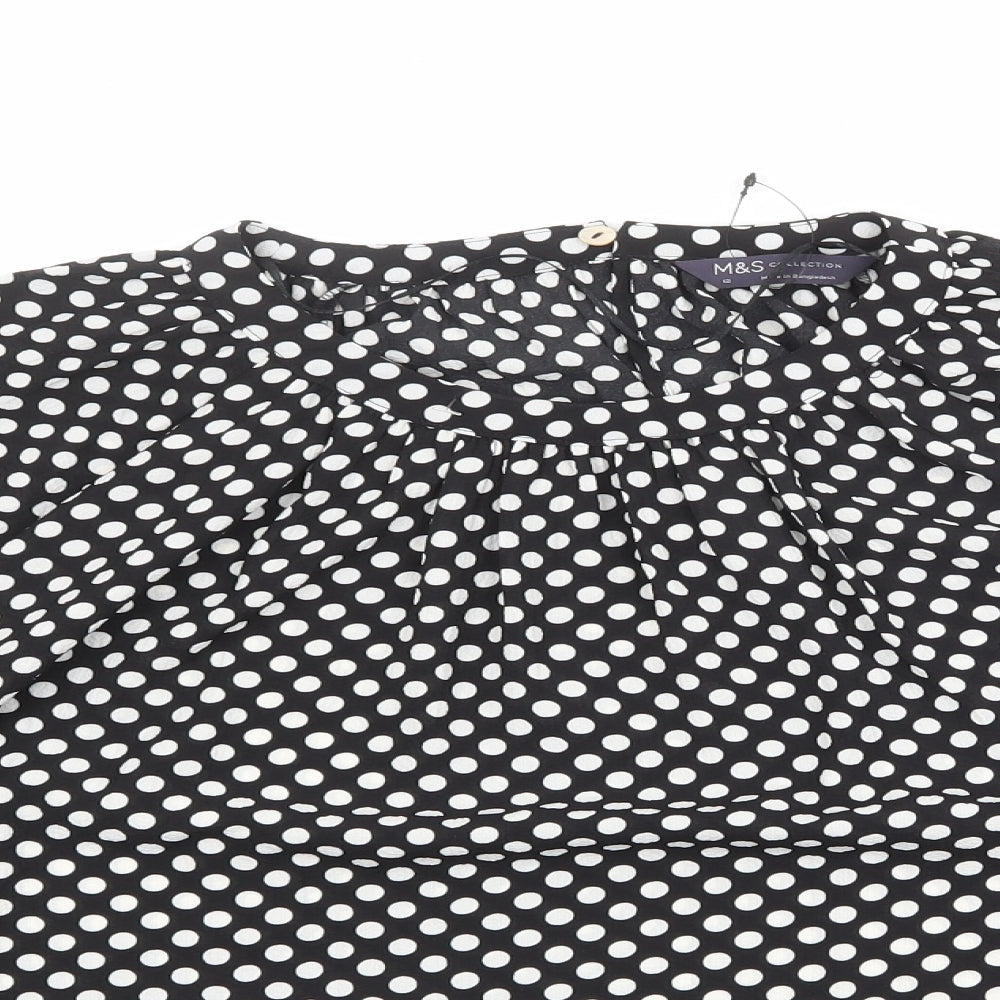 Marks and Spencer Womens Black Polka Dot Polyester Basic Blouse Size 12 Round Neck - Pleated Detail
