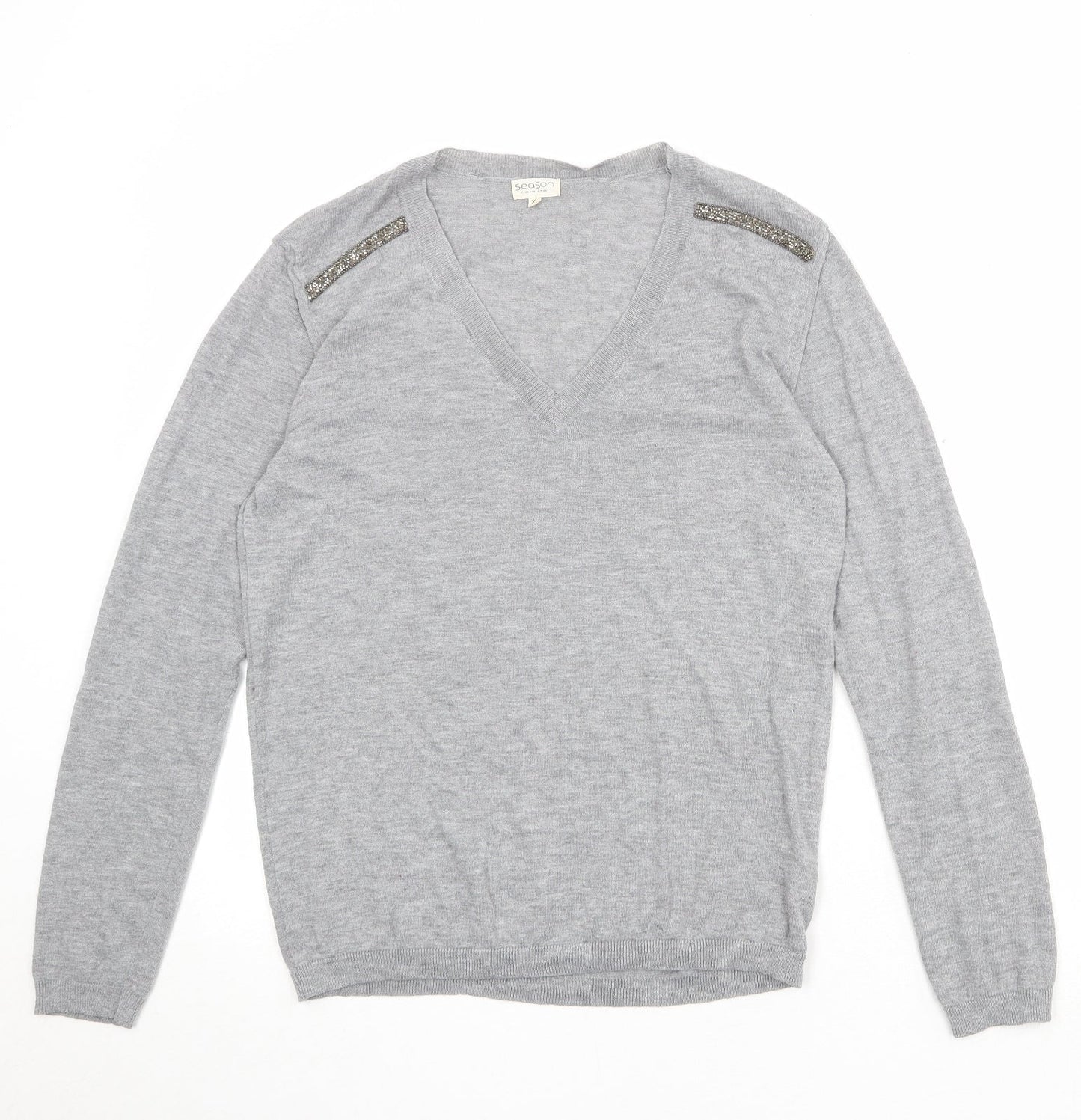 Season Womens Grey V-Neck Polyester Pullover Jumper Size XL