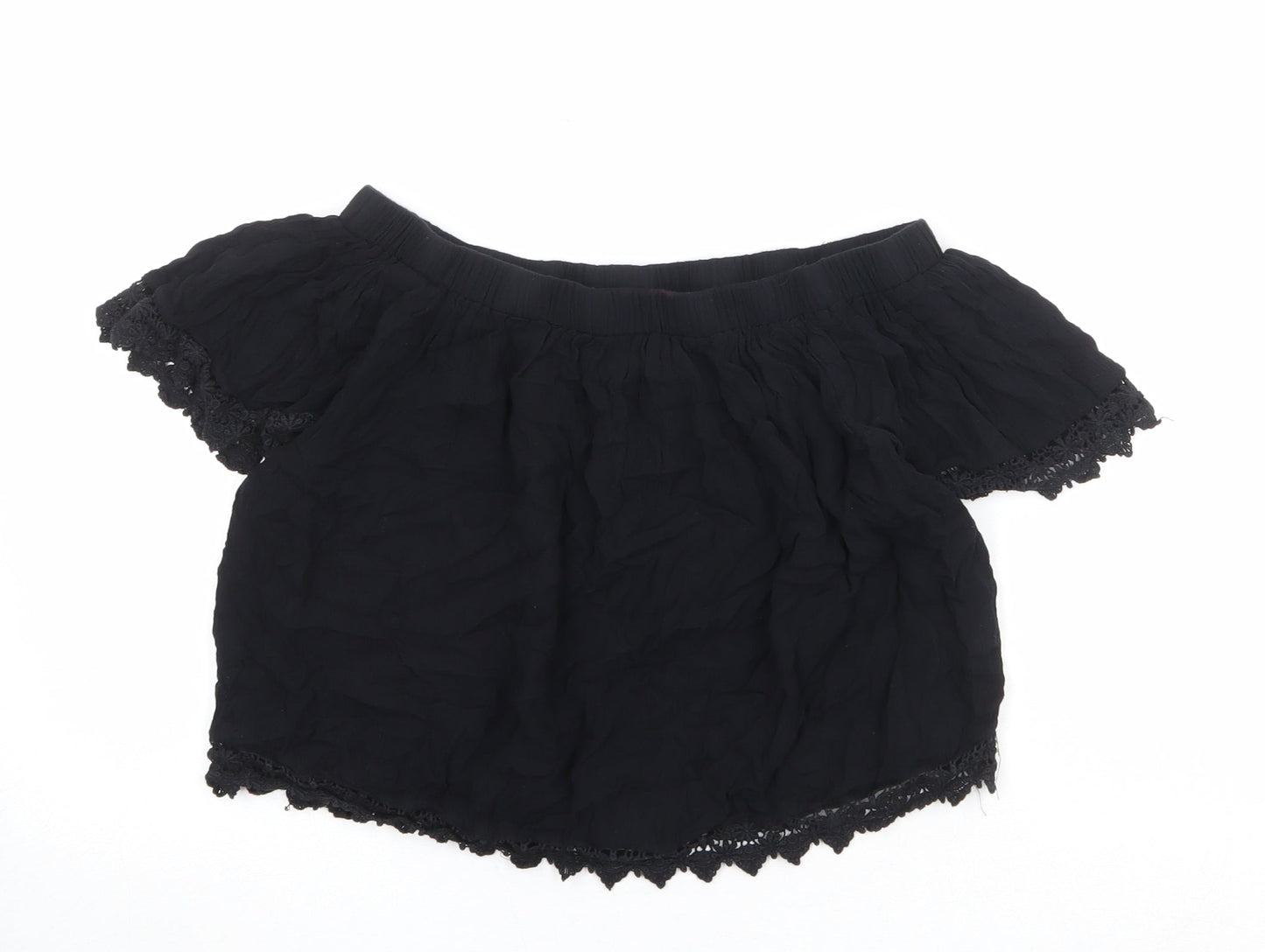 Select Womens Black Viscose Cropped Blouse Size 14 Off the Shoulder - Crocheted Lace Detail