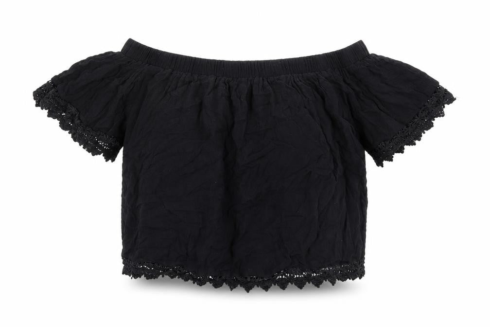 Select Womens Black Viscose Cropped Blouse Size 14 Off the Shoulder - Crocheted Lace Detail