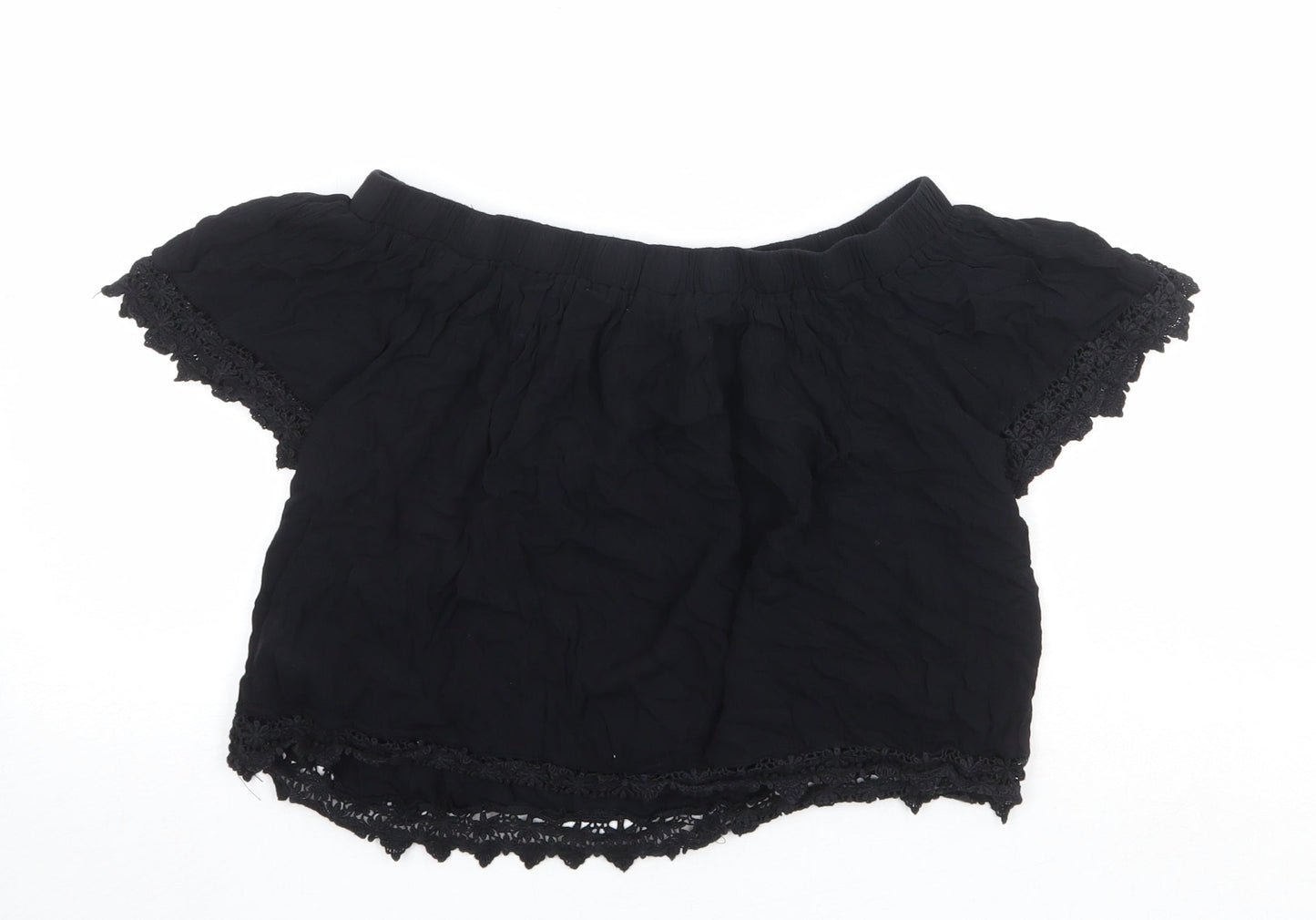 Select Womens Black Viscose Cropped Blouse Size 14 Off the Shoulder - Crocheted Lace Detail