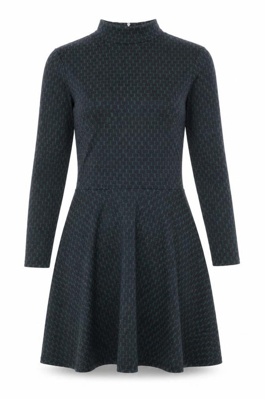 H&M Womens Green Geometric Cotton Skater Dress Size S Mock Neck Zip