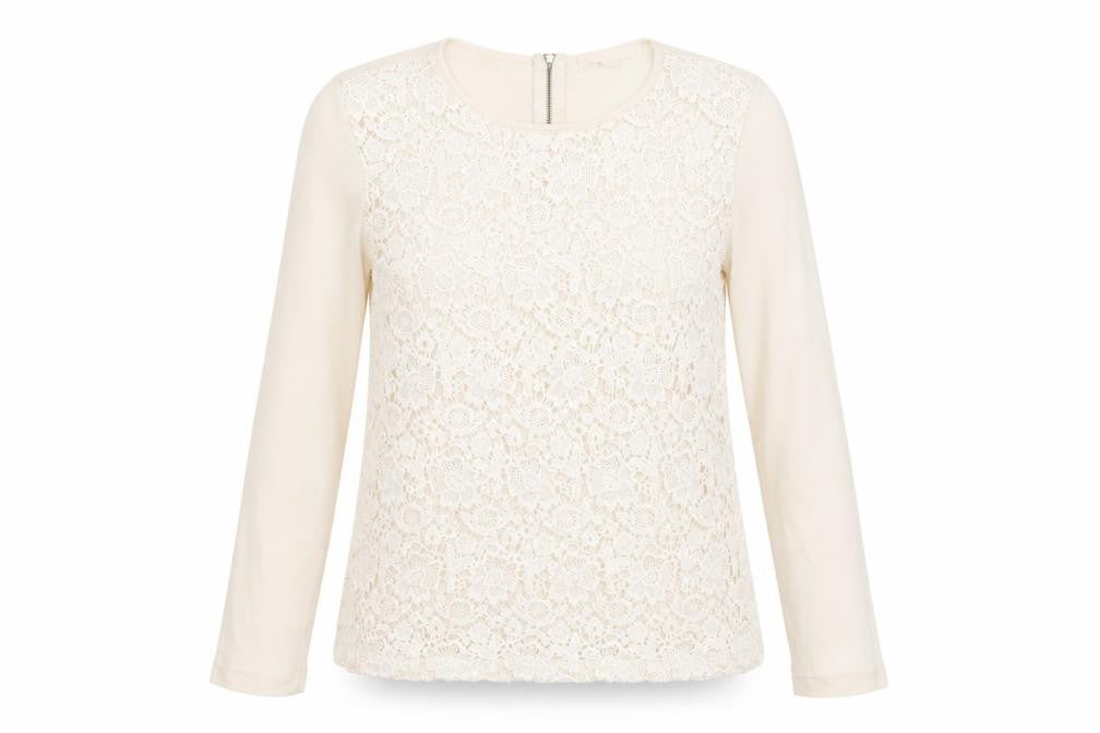 Trenery Womens Beige Cotton Basic Blouse Size XS Round Neck - Crocheted Lace Front