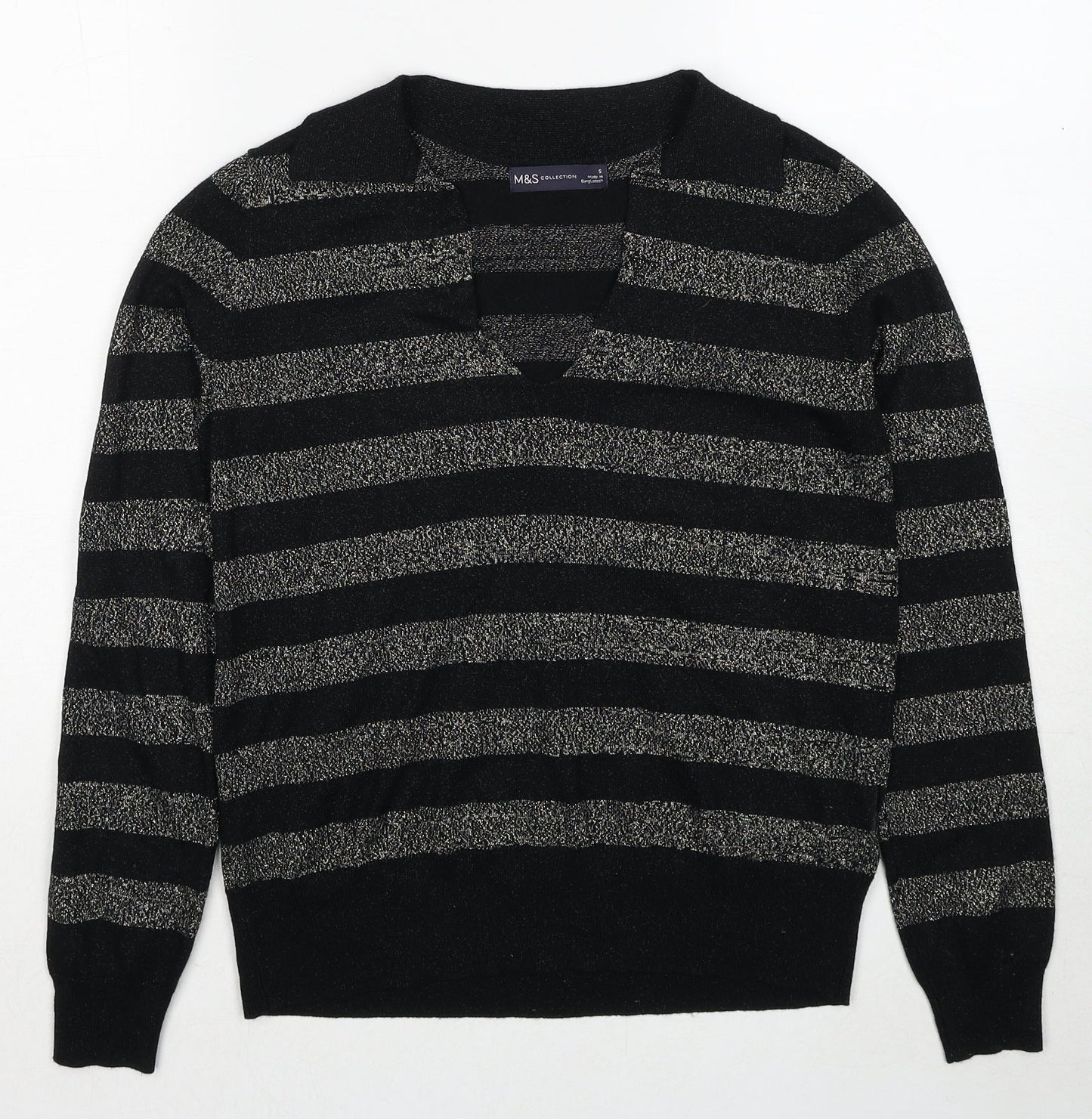 Marks and Spencer Womens Black Collared Striped Viscose Pullover Jumper Size S