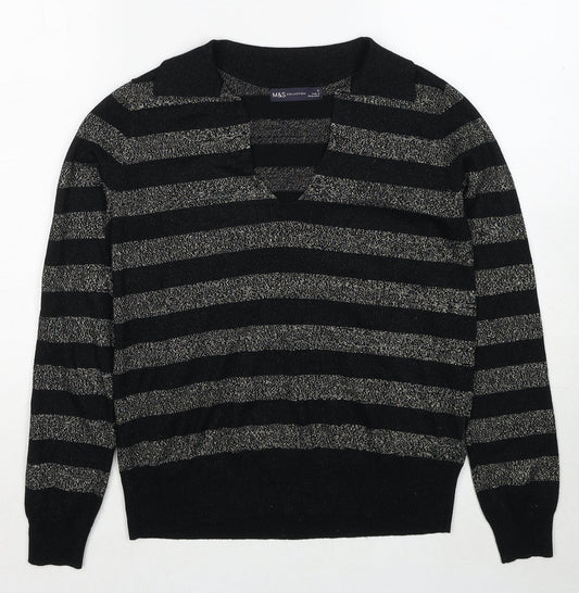 Marks and Spencer Womens Black Collared Striped Viscose Pullover Jumper Size S