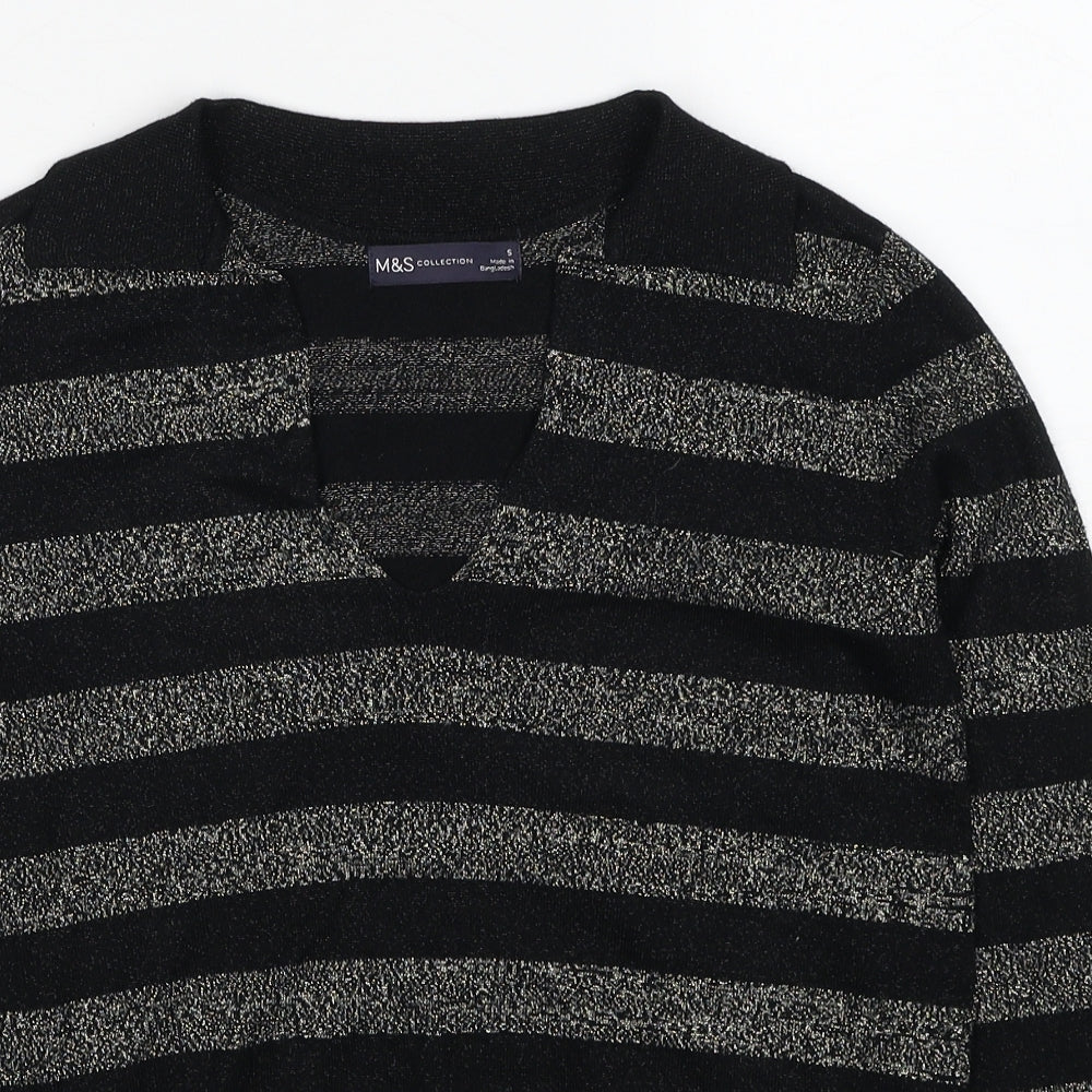 Marks and Spencer Womens Black Collared Striped Viscose Pullover Jumper Size S