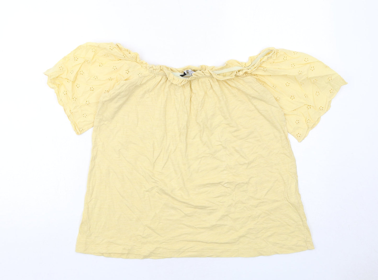 Dorothy Perkins Womens Yellow Cotton Basic Blouse Size M Round Neck - Broderie Anglaise Detail