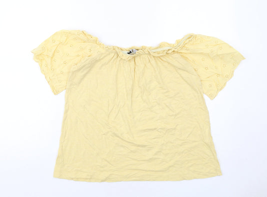 Dorothy Perkins Womens Yellow Cotton Basic Blouse Size M Round Neck - Broderie Anglaise Detail
