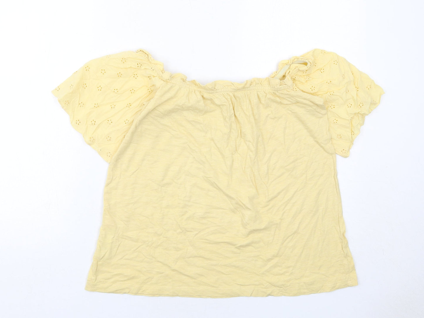 Dorothy Perkins Womens Yellow Cotton Basic Blouse Size M Round Neck - Broderie Anglaise Detail