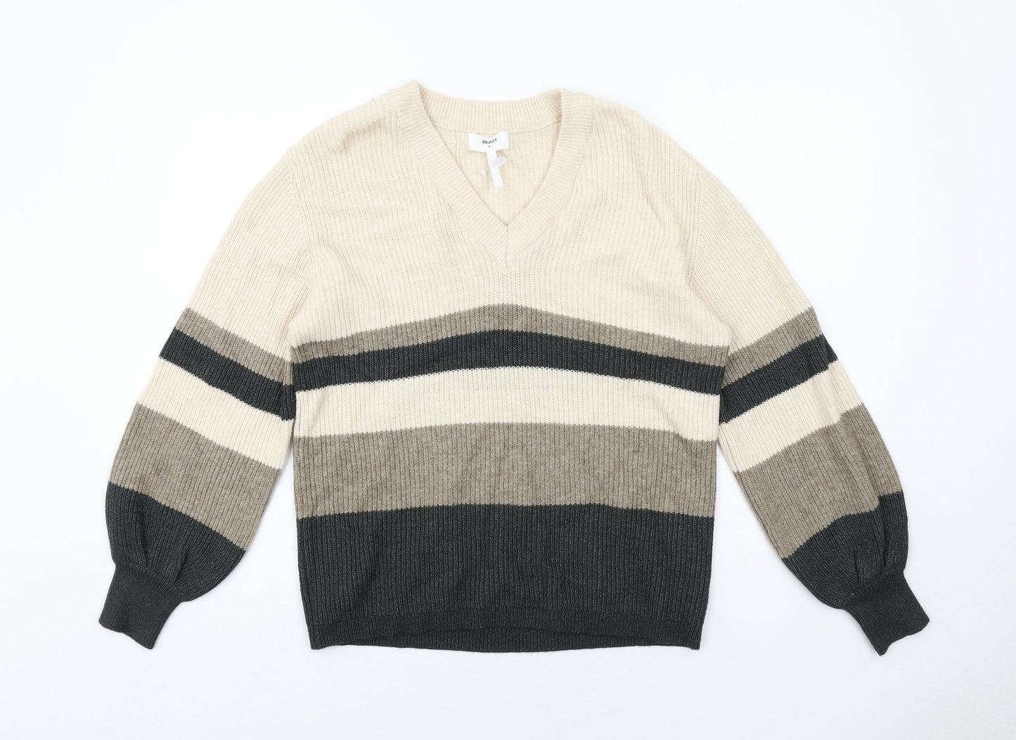 OBJECT Womens Beige V-Neck Geometric Viscose Pullover Jumper Size S - Colourblock