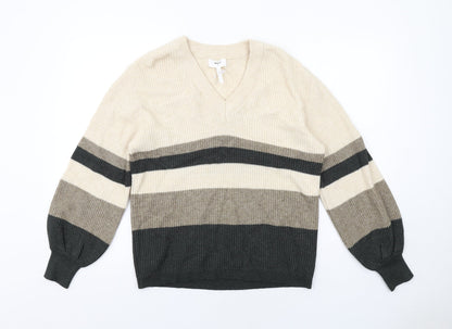 Additional front view of Object women’s beige v-neck geometric viscose jumper, size S, - colourblock