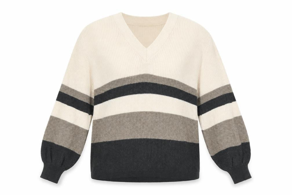 OBJECT Womens Beige V-Neck Geometric Viscose Pullover Jumper Size S - Colourblock