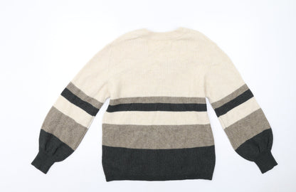 Back view of Object women’s beige v-neck geometric viscose jumper, size S, - colourblock