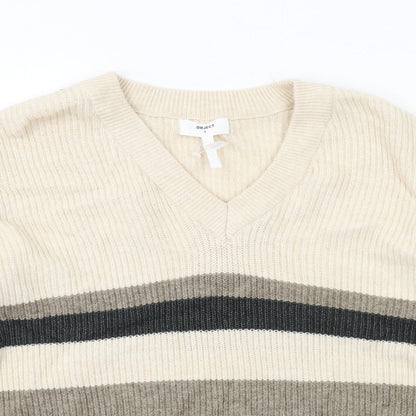 Close-up detail of Object women’s beige v-neck geometric viscose jumper, size S, - colourblock