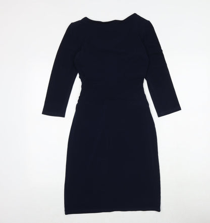 Back view of Linea women’s blue polyester sheath, size UK 8, v-neck tie