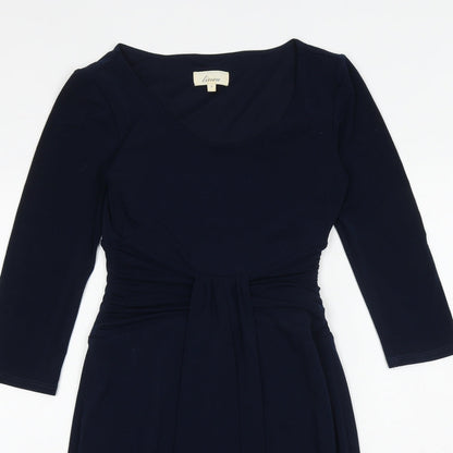 Close-up detail of Linea women’s blue polyester sheath, size UK 8, v-neck tie