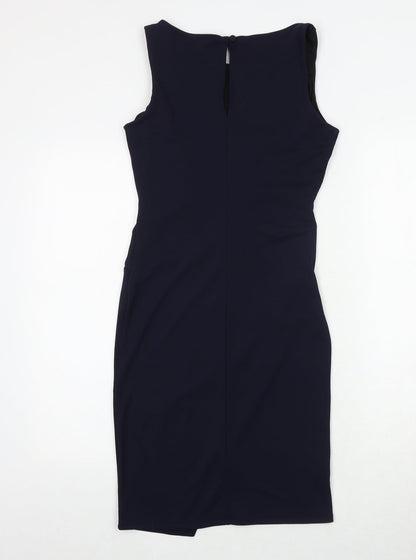 Next Womens Blue Polyester Sheath Size 6 Boat Neck Button