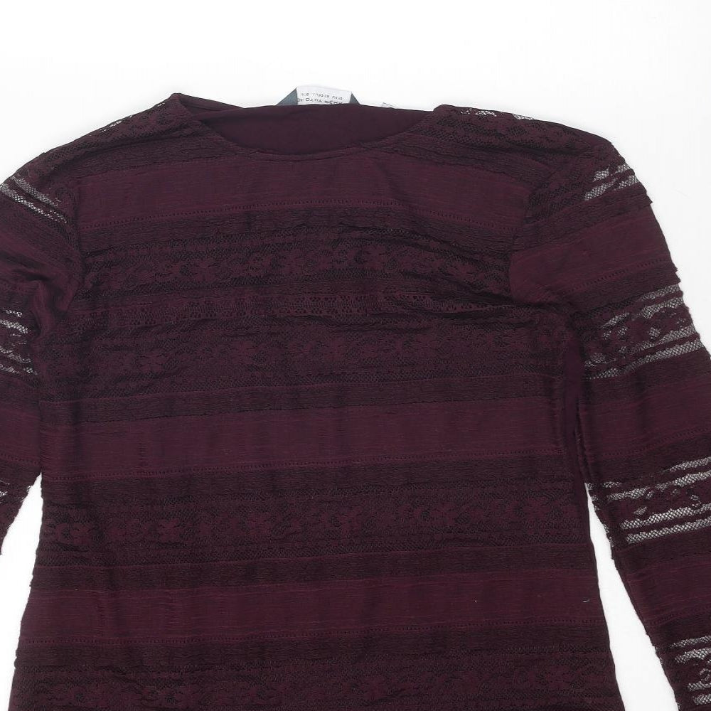 Dorothy Perkins Womens Purple Geometric Polyester Basic Blouse Size 10 Round Neck - Lace Detail
