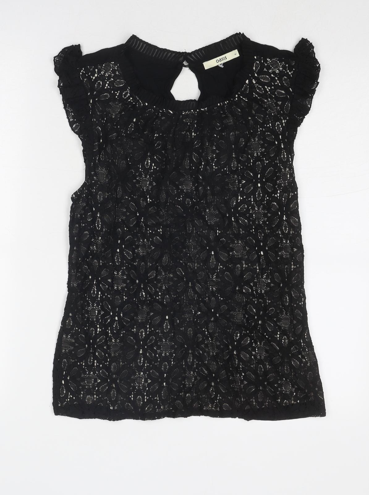 Oasis Womens Black Geometric Cotton Basic Tank Size M Round Neck