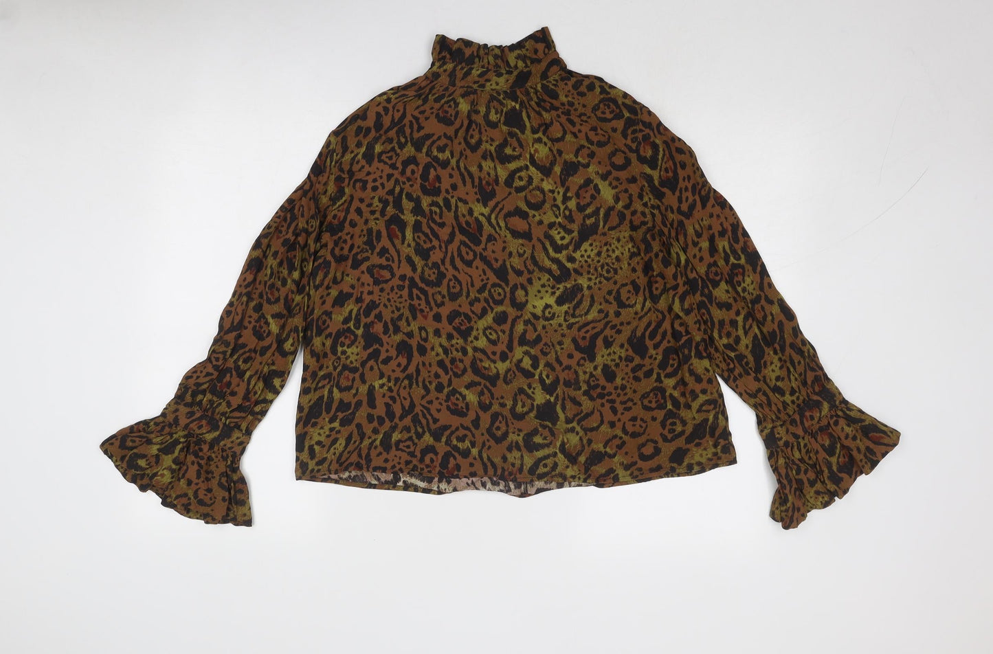 H&M Womens Brown Animal Print Viscose Basic Blouse Size S High Neck