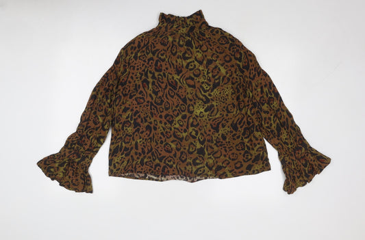 H&M Womens Brown Animal Print Viscose Basic Blouse Size S High Neck
