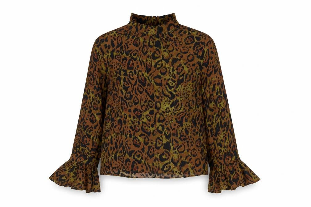 H&M Womens Brown Animal Print Viscose Basic Blouse Size S High Neck