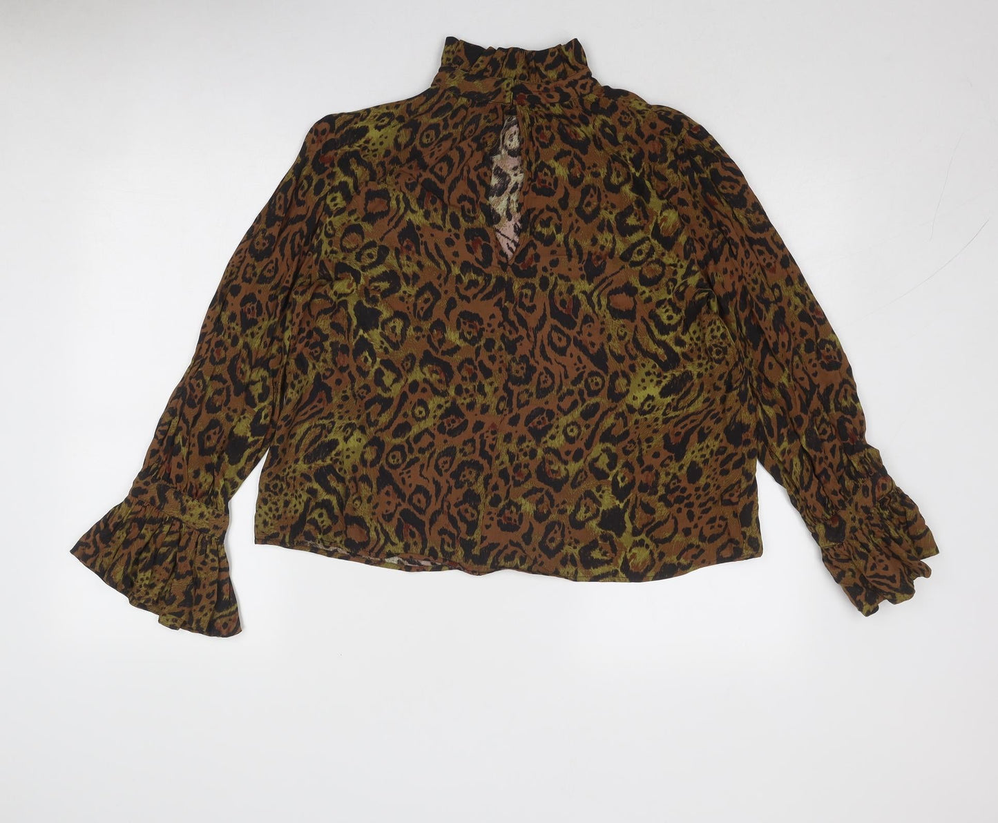 H&M Womens Brown Animal Print Viscose Basic Blouse Size S High Neck