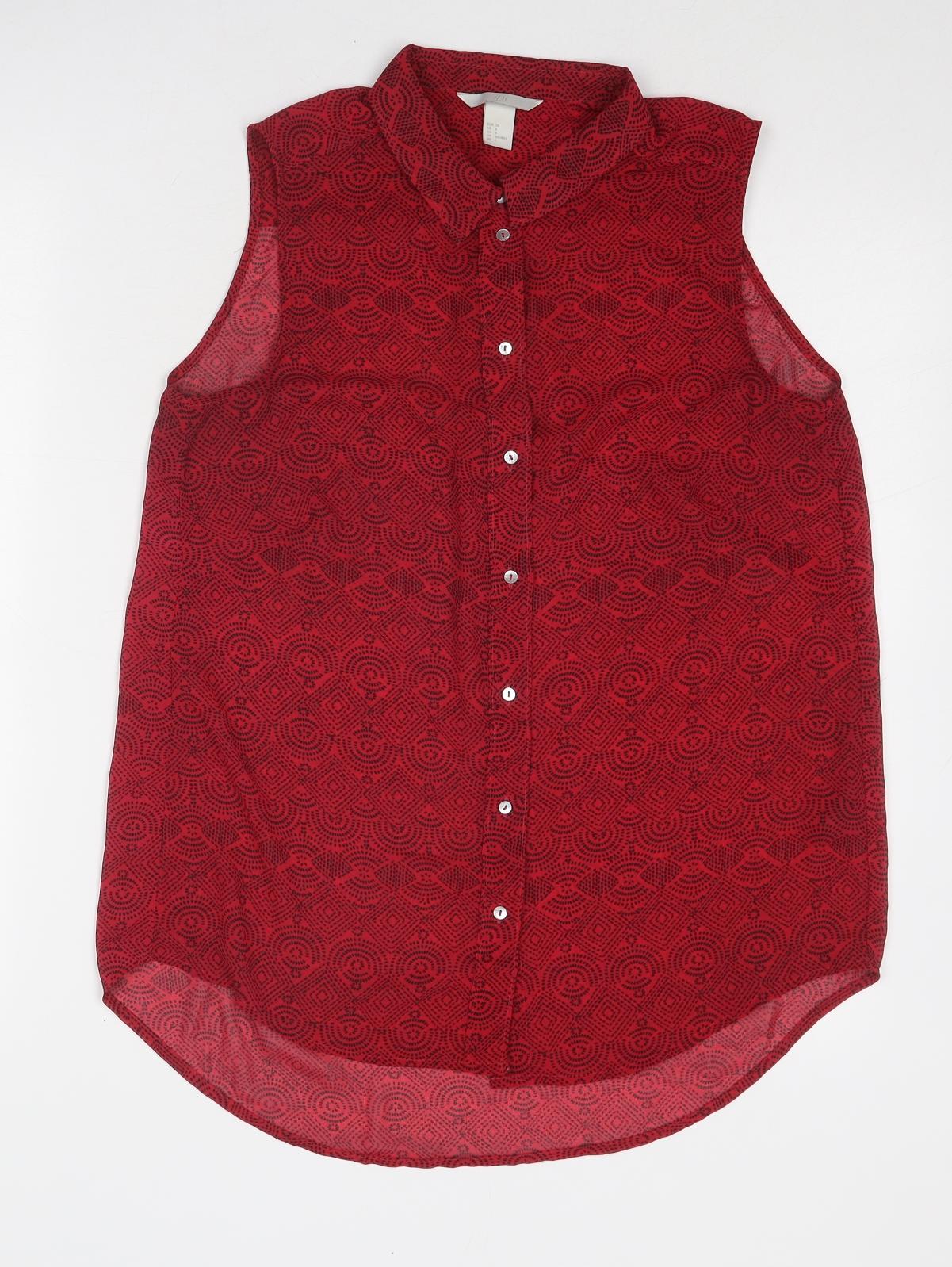 H&M Womens Red Geometric Polyester Basic Button-Up Size 8 Collared