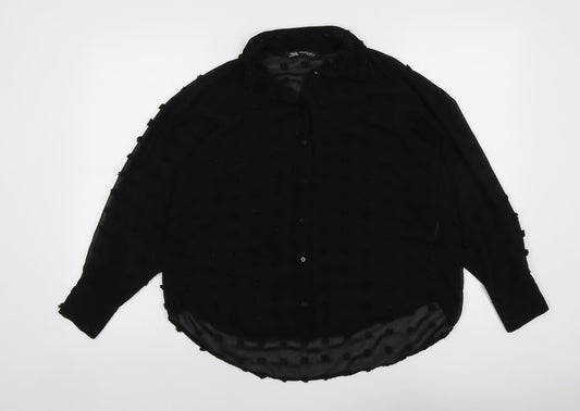 Zara Womens Black Polyester Basic Button-Up Size XS Collared