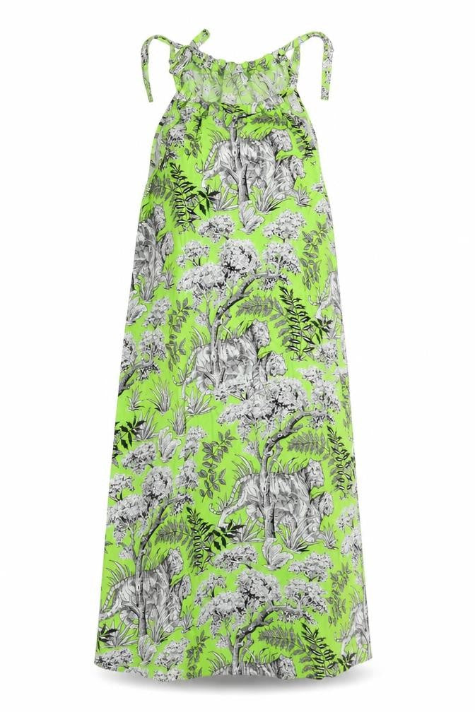 Warehouse Womens Green Geometric Viscose A-Line Size 8 Round Neck Tie - Wild Cat Print