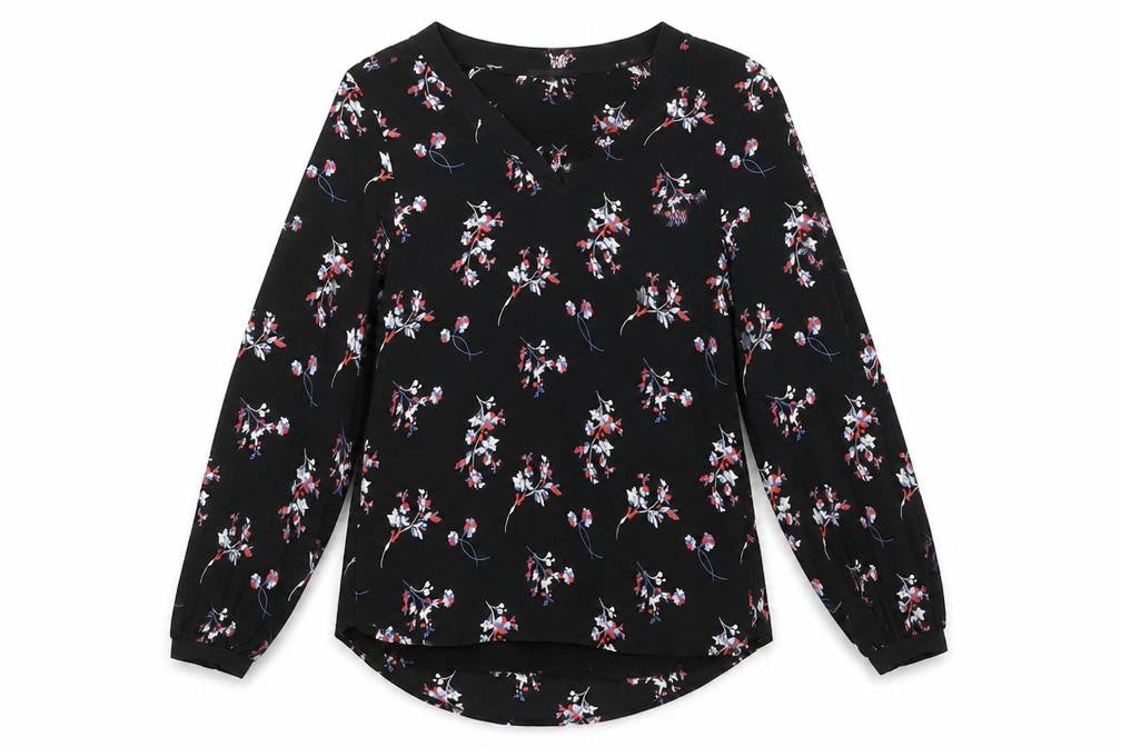 Autograph Womens Black Floral Cupro Basic Blouse Size 6 V-Neck