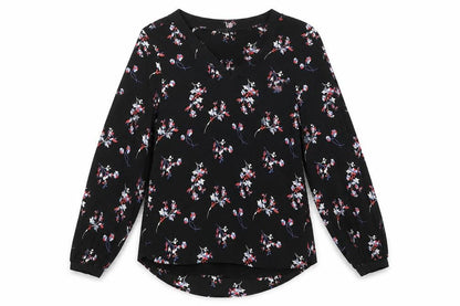 Front view of Autograph women’s black floral cupro basic blouse, size UK 6, v-neck