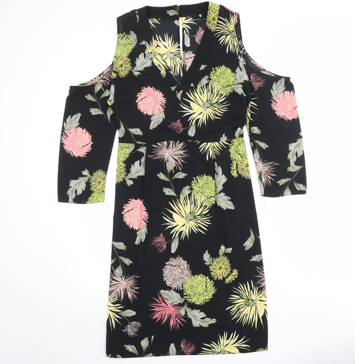 Very Womens Black Floral Polyester Sheath Size 16 V-Neck Button - Cold Shoulder