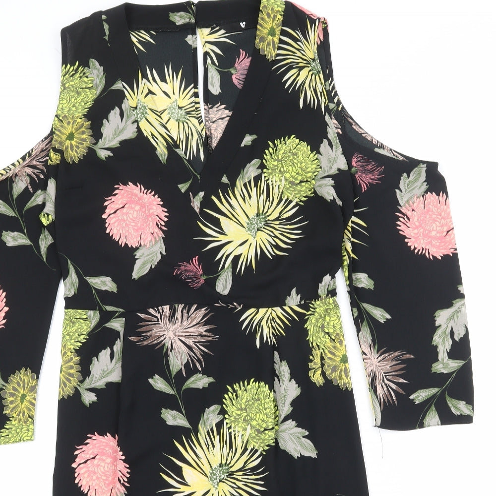 Very Womens Black Floral Polyester Sheath Size 16 V-Neck Button - Cold Shoulder