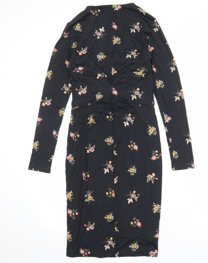 Per Una Womens Black Floral Nylon A-Line Size 8 V-Neck Pullover