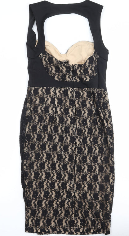 Back view of ASOS women’s black geometric polyester shift, size UK 12, sweetheart zip