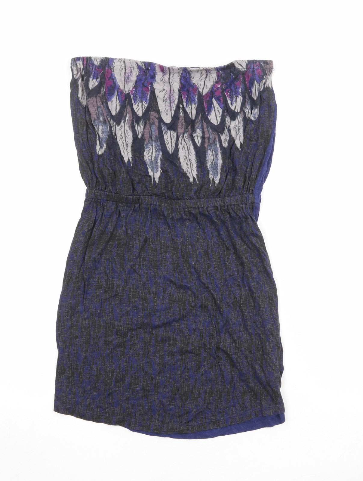 Ecote Womens Blue Geometric Viscose Mini Size S Off the Shoulder Pullover - Feathers Print