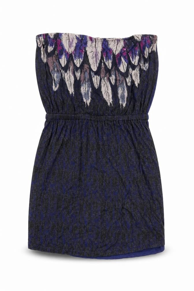 Ecote Womens Blue Geometric Viscose Mini Size S Off the Shoulder Pullover - Feathers Print