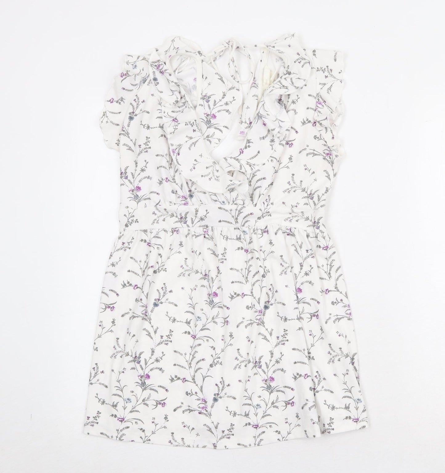 H&M Womens White Geometric Polyester A-Line Size S V-Neck Tie