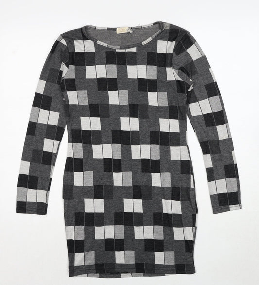 Silk Womens Grey Geometric Polyester Shift Size 10 Round Neck Pullover