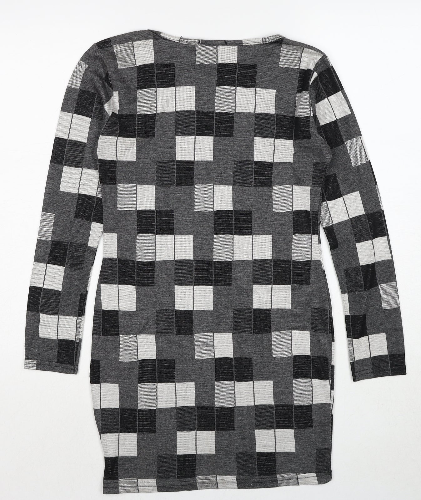 Silk Womens Grey Geometric Polyester Shift Size 10 Round Neck Pullover