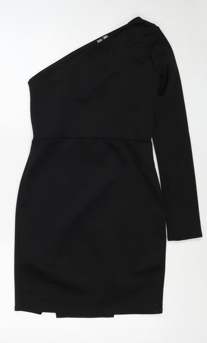 Additional front view of ASOS women’s black polyester mini, size UK 8, one shoulder pullover