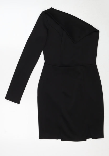 Back view of ASOS women’s black polyester mini, size UK 8, one shoulder pullover