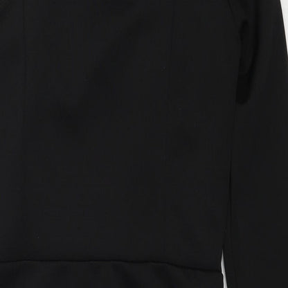 Close-up detail of ASOS women’s black polyester mini, size UK 8, one shoulder pullover
