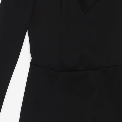 Brand and care label for ASOS women’s black polyester mini, size UK 8, one shoulder pullover