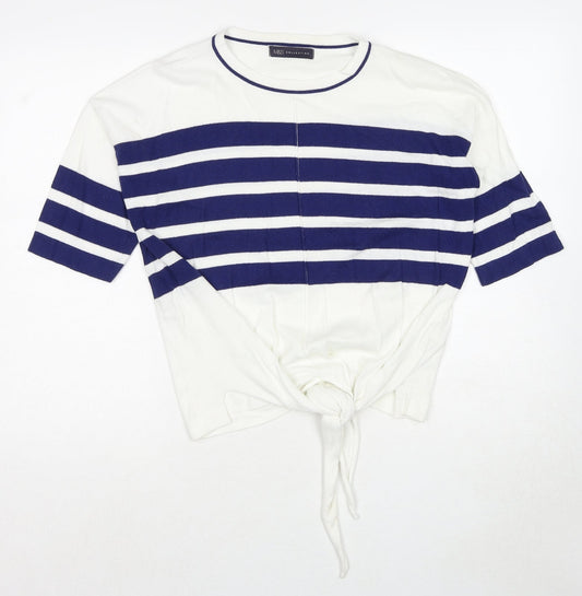 Marks and Spencer Womens White Round Neck Striped Cotton Pullover Jumper Size S - Knot Front