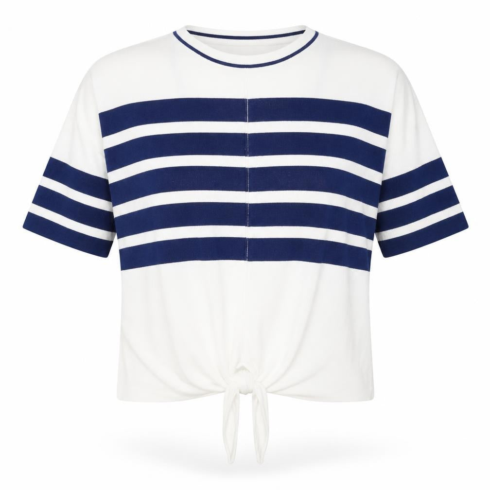 Marks & Spencer Womens White Round Neck Striped Cotton Pullover Jumper Size S - Knot Front